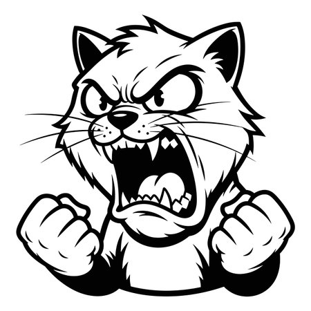 Aggressive cat with ferocious expression, open mouth roaring, sharp teeth bared. Fists clenched, ready to attack. Wild and powerful cartoon animal character.のイラスト素材