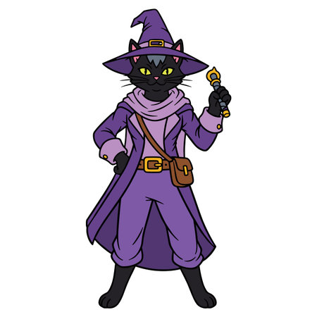Black cat wizard character standing in purple robe and pointed hat, holding glowing staff. Feline sorcerer with yellow eyes, ready to cast magic spell.のイラスト素材