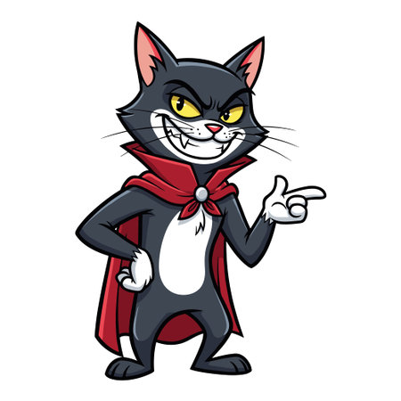 Black cat dressed as a vampire with red cape, pointing finger. Sinister smile, sharp teeth. Playful, wicked, and charming anthropomorphic character.のイラスト素材