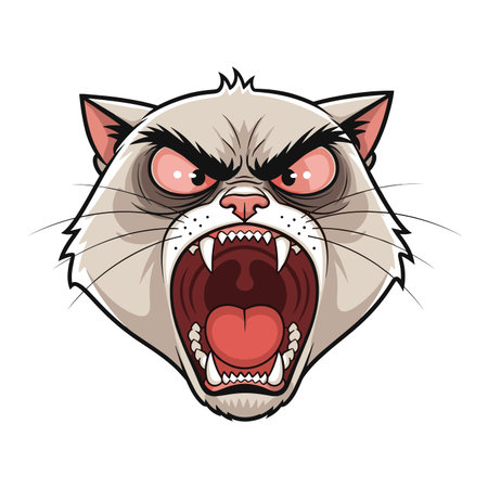 Angry cat head roaring aggressively with mouth open, showcasing sharp fangs and red eyes. fierce feline expression with visible whiskers and fur texture.のイラスト素材