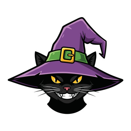 Scary black cat face wearing a pointed purple witch hat with a green buckle, featuring glowing yellow eyes and sharp fangs. halloween concept.のイラスト素材