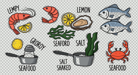 Colorful hand drawn seafood elements including prawns oysters fish and crab for recipe books menu design culinary blogs food branding and kitchen decor nautical illustrationsのイラスト素材