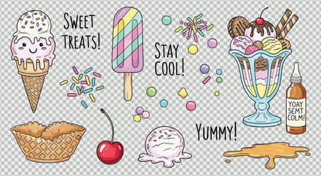 Hand drawn collection of sweet treats including ice cream cones, popsicles, sundaes, and various toppings like sprinkles and cherries, with fun motivational phrases for dessert lovers.のイラスト素材