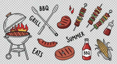 Hand drawn doodle set of summer bbq essentials including charcoal grill meat steaks sausage vegetable skewers corn on cob sauce and typographyのイラスト素材