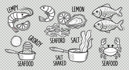 Black and white line art seafood collection featuring prawns shellfish fish and cooking pots for menu design restaurant branding culinary graphics and food illustrationsのイラスト素材