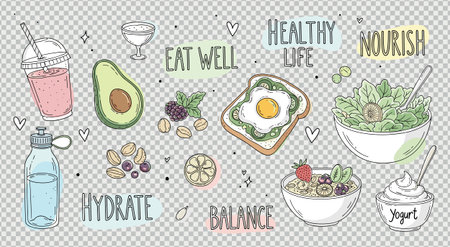 Hand drawn collection of healthy eating essentials featuring fresh produce, nourishing meals, and motivational text for a balanced and vibrant life. Perfect for diet and wellness themes.のイラスト素材