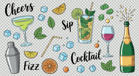 Collection of cocktails and drinks including mojito margarita champagne and wine with fun words like cheers sip fizz and cocktail for celebrationsのイラスト素材