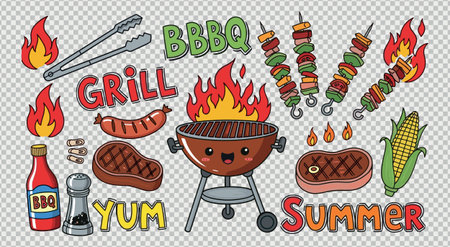 Hand drawn doodle set of summer barbecue grill elements including cooking tools corn on cob meat sausage skewers bbq sauce and festive holiday typographyのイラスト素材