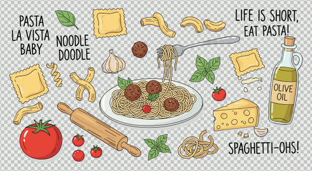 Doodle collection of pasta dishes like spaghetti ravioli and ingredients such as tomatoes basil cheese and olive oil with fun phrases spaghetti ohsのイラスト素材