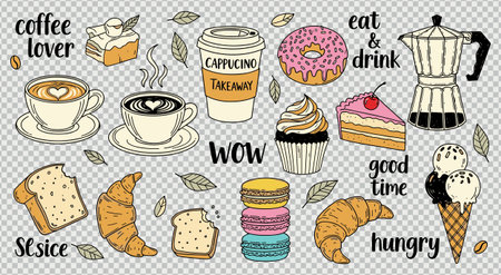 Coffee lover eat drink cappuccino takeaway cup mug latte art coffee maker ice cream cone donut slice cake cupcake croissant macarons breadのイラスト素材