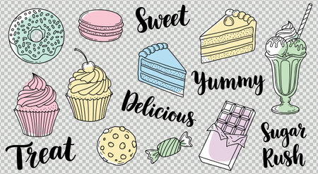 Cute pastry and sweets doodle set featuring pastel cupcakes donuts ice cream and cake slices. Bakery menu decorative elements. Hand drawn dessert stickers and icons pack.のイラスト素材