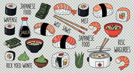 Japanese sushi and seafood cuisine doodle collection with rolls nigiri soup and chopsticks. Asian food restaurant menu icons. Traditional salmon and rice dish elements.のイラスト素材