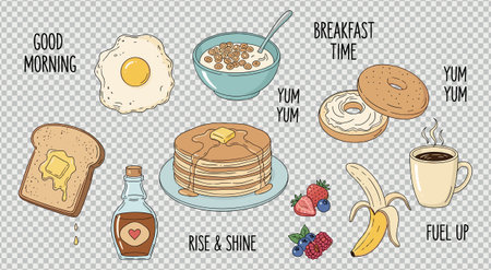 Hand drawn breakfast food collection with eggs, pancakes, toast, bagels, cereals, berries and coffee. Good morning food set, tasty morning meal, healthy start, delicious ingredients. Breakfast time, fuel up, yum yum, rise and shine.のイラスト素材