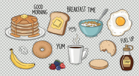 Hand drawn breakfast food collection with pancakes, toast, eggs, bagels, cereals, berries, banana and coffee. Good morning food set, tasty morning meal, healthy start, delicious ingredients. Breakfast time, fuel up, yum yum, rise and shine.のイラスト素材