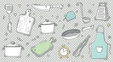 Collection of kitchenware items colored with pastel tones featuring pot, pan, knives, spatula, ladle, tongs, grater, apron and cooking timerのイラスト素材