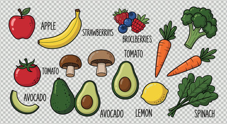 Healthy fresh organic fruits and vegetables doodle set with apple banana broccoli and carrot. Vegetarian food ingredients collection. Natural produce cartoon elements.のイラスト素材