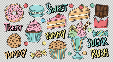 Sweet dessert and bakery products collection with colorful donut cupcake ice cream and cake. Sugary snacks and treat icons. Delicious chocolate and pastry stickers pack.のイラスト素材
