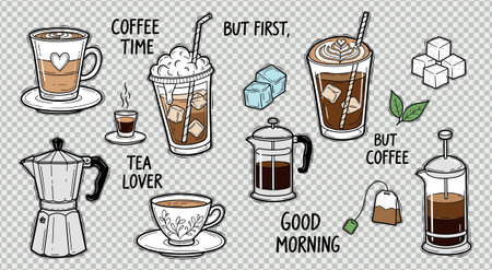 Set of hand drawn coffee preparations like moka pot, French press, espresso shots and various iced coffee drinks with cheerful textのイラスト素材
