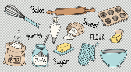 Whisk rolling pin muffin tin piping bag flour sugar butter ingredients for baking cake cookies sweet desserts cooking homemade food delicious yumのイラスト素材