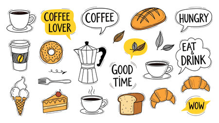Vibrant doodle collection featuring coffee cups, pastries like croissants and bread, ice cream cones, and sweet desserts, ideal for cafe or breakfast themes.のイラスト素材