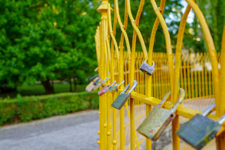 Locked padlock on the fence - Image