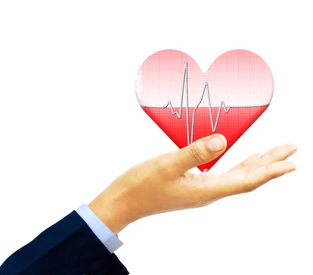 Big red love on palm of ladyの写真素材