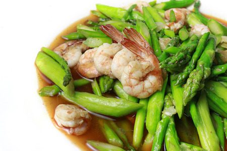 STIR FRIED PRAWNS WITH ASPARAGUS , delicious food from Thailandの写真素材