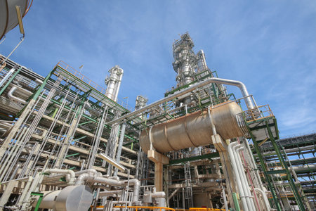 Process area of petroleum plant with blue sky