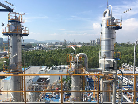 View from top of process area of chemical refinery plant in daytime