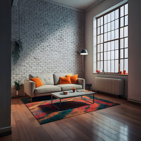 Cozy Living Room Setup Elegant Sofa and Stylish Coffee Table Positioned Perfectly by the Window for Optimal Natural Light and Comfortable Seatingの写真素材