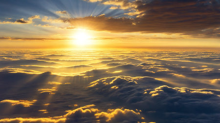 Sunset Over a Stunning Blue Sky with Sunbeams Piercing the Cloudsの写真素材