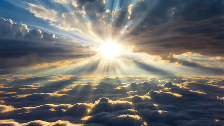 Sunset Over a Stunning Blue Sky with Sunbeams Piercing the Cloudsの写真素材