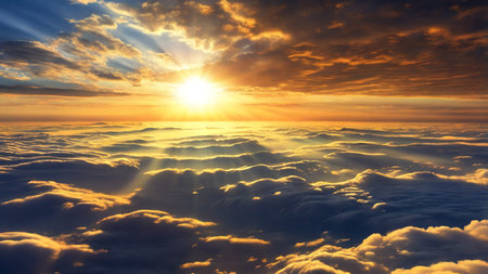 Sunset Over a Stunning Blue Sky with Sunbeams Piercing the Cloudsの写真素材