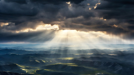 Sunset Over a Stunning Blue Sky with Sunbeams Piercing the Cloudsの写真素材
