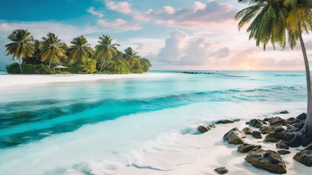 Palm Tree on a Tropical Beach with Blue Sky and White Clouds Abstract Background for Summer Vacation and Business Travel Concepts in Vintage Tone Filter Effectの写真素材