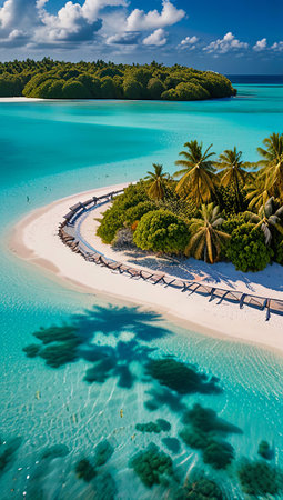 Palm Tree on a Tropical Beach with Blue Sky and White Clouds Abstract Background for Summer Vacation and Business Travel Concepts in Vintage Tone Filter Effectの写真素材
