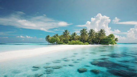 Palm Tree on a Tropical Beach with Blue Sky and White Clouds Abstract Background for Summer Vacation and Business Travel Concepts in Vintage Tone Filter Effectの写真素材