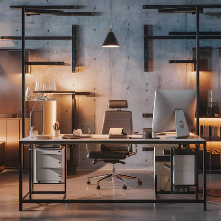 An Industrial-Style Office Featuring Computer Desks and Glass Enclosuresの写真素材