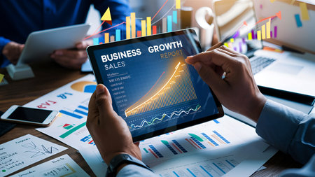 Businessman Analyzing Sales Data and Economic Growth Charts on Tablet and Holographic Screen