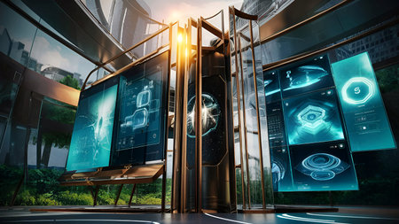 Businessman Analyzing Sales Data and Economic Growth Charts on Tablet and Holographic Screen