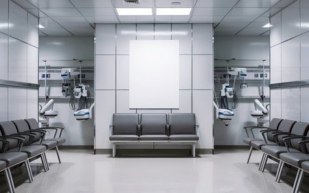 Mockup of a Blank White Poster on the Wall in a Modern Hospital Waiting Room with Comfortable Chairs and Medical Equipmentの写真素材