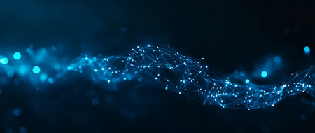 Abstract Representation of a Digital Network: A Complex Web of Glowing Nodes and Interconnected Lines Symbolizing Connectivityの写真素材