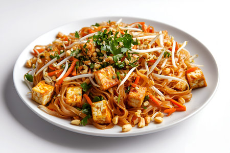 Thai Pad Thai Noodles with Stir-Fried Rice Noodles, Shrimp or Chicken, Tofu, Bean Sprouts, Peanuts,...