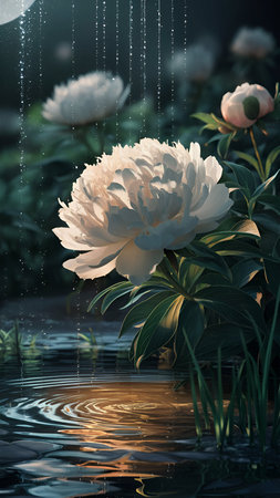 White Flower with Green Leaves Wallpaperの写真素材