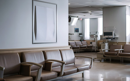 Mockup of a Blank White Poster on the Wall in a Modern Hospital Waiting Room with Comfortable Chairs and Medical Equipmentの写真素材