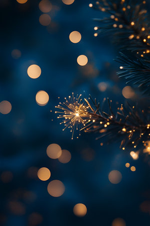 Enchanting Fairy Tale Background with Blue Bokeh and a Christmas Tree,Gold and blue Fireworks backgroundの写真素材