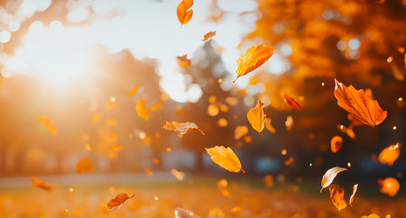 Misty Forest Illuminated by Sunlight as Golden Autumn Leaves Fall, Autumn Landscape in a Sunlit Park...
