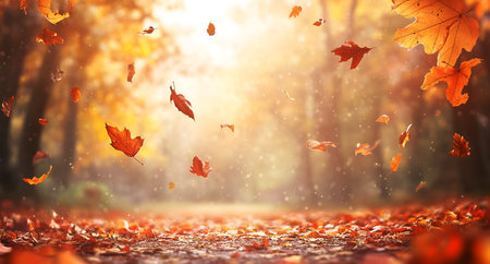Misty Forest Illuminated by Sunlight as Golden Autumn Leaves Fall, Autumn Landscape in a Sunlit Park with Vibrant Yellow Leavesの写真素材