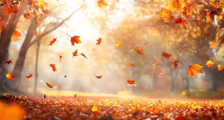 Misty Forest Illuminated by Sunlight as Golden Autumn Leaves Fall, Autumn Landscape in a Sunlit Park...