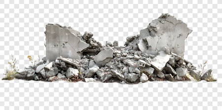 Ruins of Destruction Isolated Concrete Debris and Wreckage from a Demolished Building on Transparent Backgroundの写真素材